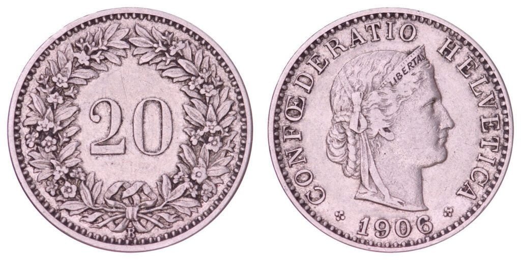 SWITZERLAND 20 rappen 1906 VF