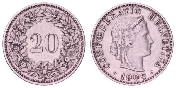 SWITZERLAND 20 rappen 1906 VF