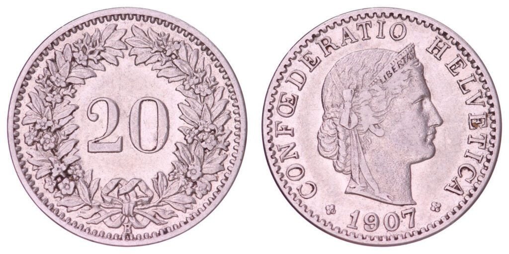 SWITZERLAND 20 rappen 1907 VF