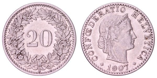 SWITZERLAND 20 rappen 1907 VF