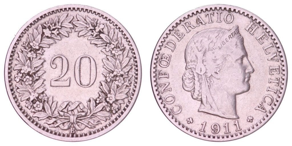SWITZERLAND 20 rappen 1911 VF