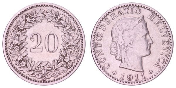 SWITZERLAND 20 rappen 1911 VF