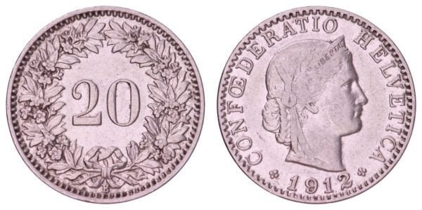 SWITZERLAND 20 rappen 1912 VF