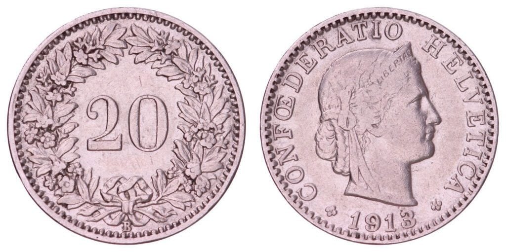 SWITZERLAND 20 rappen 1913 VF