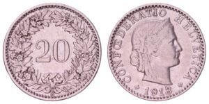 SWITZERLAND 20 rappen 1913 VF