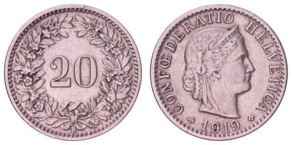 SWITZERLAND 20 rappen 1919 VF