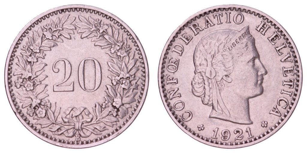SWITZERLAND 20 rappen 1921 VF
