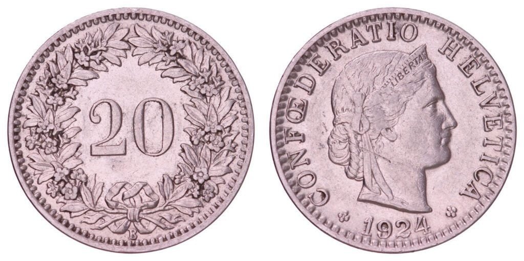 SWITZERLAND 20 rappen 1924 VF