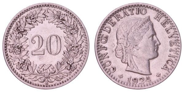 SWITZERLAND 20 rappen 1924 VF