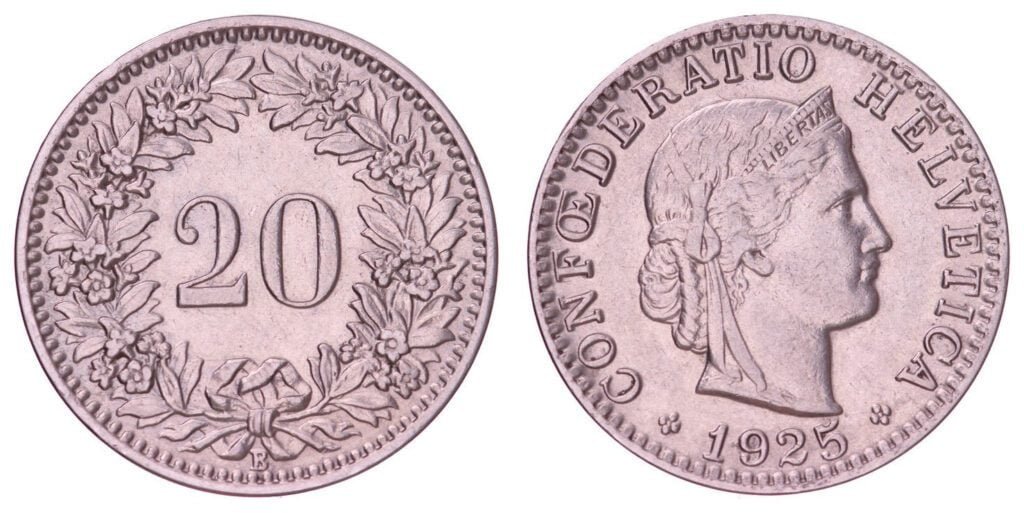 SWITZERLAND 20 rappen 1925 VF