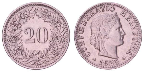 SWITZERLAND 20 rappen 1925 VF