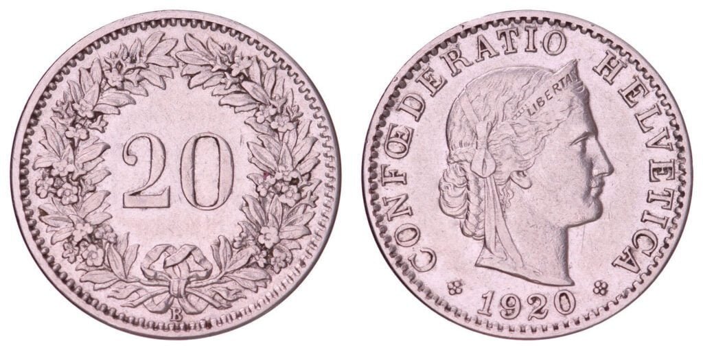 SWITZERLAND 20 rappen 1920 VF+