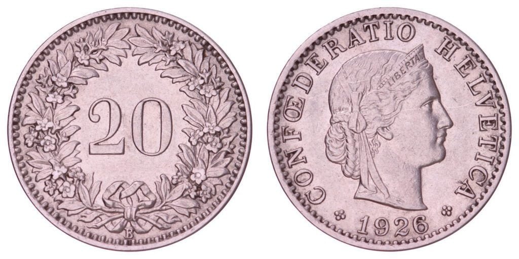 SWITZERLAND 20 rappen 1926 VF+