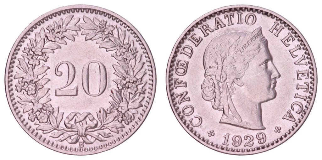 SWITZERLAND 20 rappen 1929 VF+