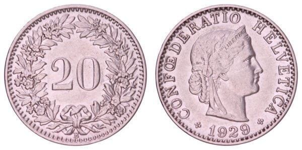 SWITZERLAND 20 rappen 1929 VF+