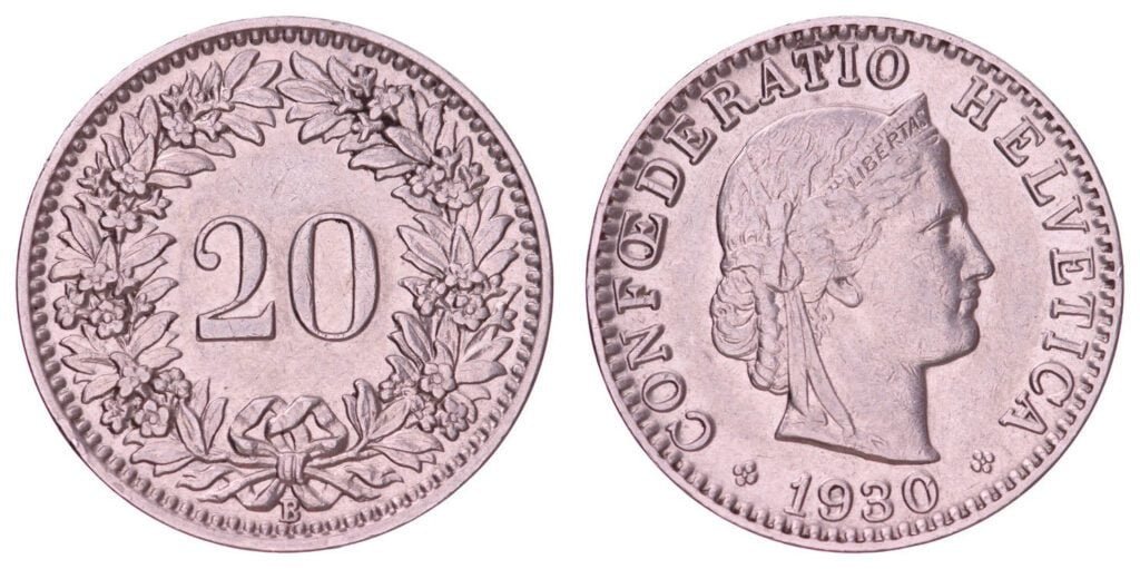 SWITZERLAND 20 rappen 1930 VF+