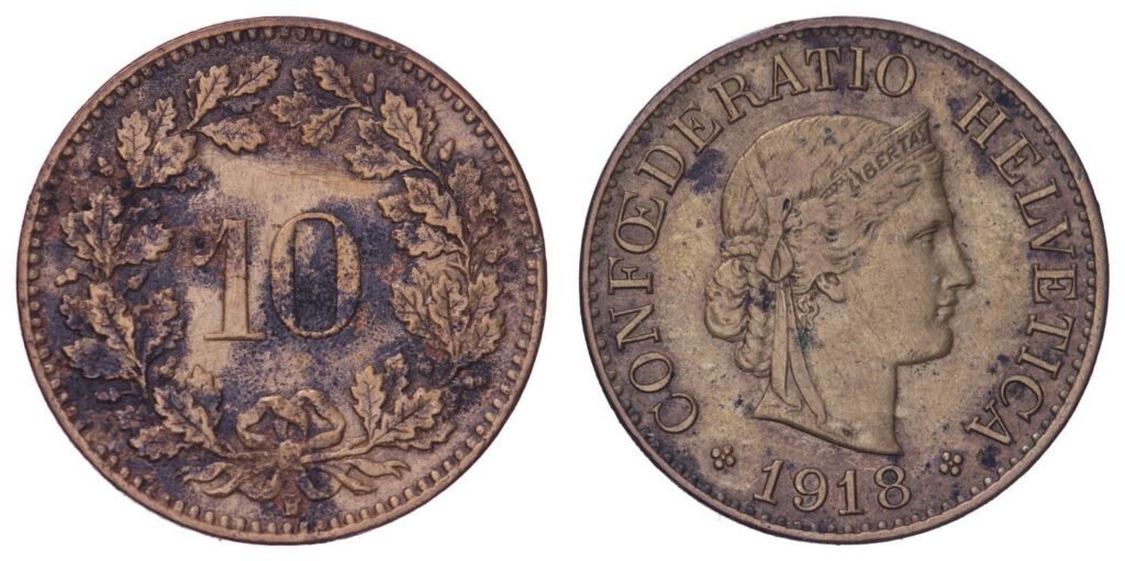 SWITZERLAND 10 rappen 1918 / Brass / VF-
