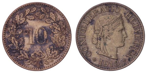 SWITZERLAND 10 rappen 1918 / Brass / VF-