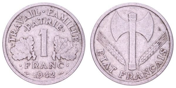 FRANCE 1 franc 1942 / WWII Vichy regime / VF