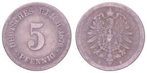 GERMANY 5 pfennig 1876B / Empire / VF-