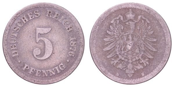 GERMANY 5 pfennig 1876B / Empire / VF-