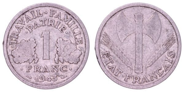 FRANCE 1 franc 1943 / Vichy regime / WWII issue / VF