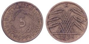 GERMANY 5 reichspfennig 1936A VF