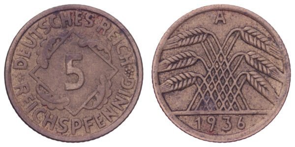 GERMANY 5 reichspfennig 1936A VF
