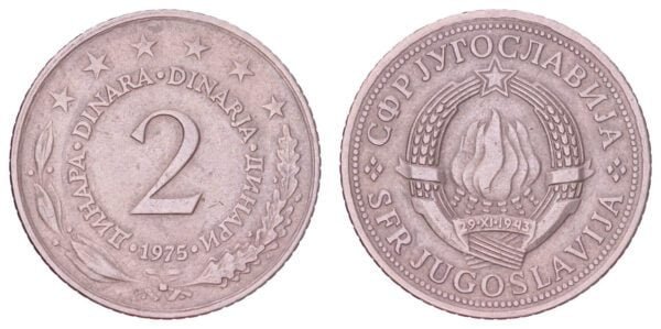 YUGOSLAVIA 2 dinara 1975 / key date / VF