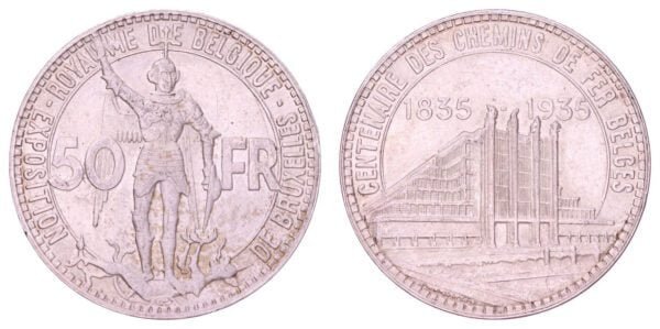 BELGIUM 50 francs 1935 / Brussels Expo / French text / Position A / Silver / XF