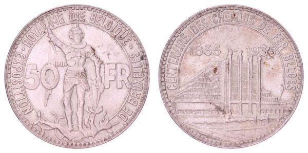 BELGIUM 50 francs 1935 / Brussels Expo / French text / Position A / Silver / XF-