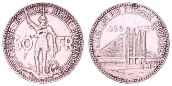 BELGIUM 50 francs 1935 / Brussels Expo / Dutch text / Position B / Silver / VF