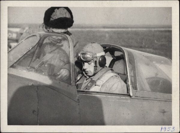 YUGOSLAVIA Army Airforce pilot in airplane / dated 1953 / 120 x 90 mm / vintage photo