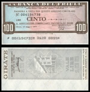 ITALY 100 lire 1977 / La Banca del Friuli / voucher / XF
