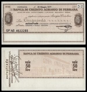 ITALY 50 lire 1977 / La Banca di Credito Agrario di Ferrara / voucher / XF