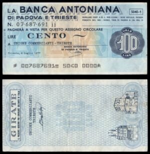 ITALY 100 lire 1977 / La Banca Antoniana di Padova e Trieste / voucher / VF