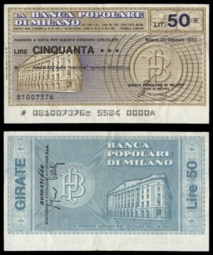 ITALY 50 lire 1977 / La Banca Popolare di Milano / voucher / VF