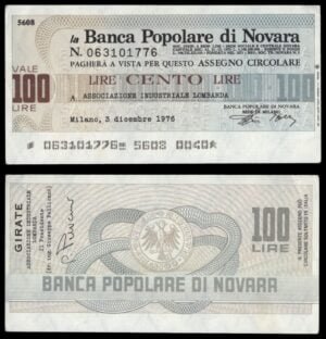 ITALY 100 lire 1976 / La Banca Popolare di Novara / voucher / VF