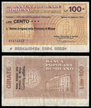 ITALY 100 lire 1977 / La Banca Popolare di Milano / voucher / VF