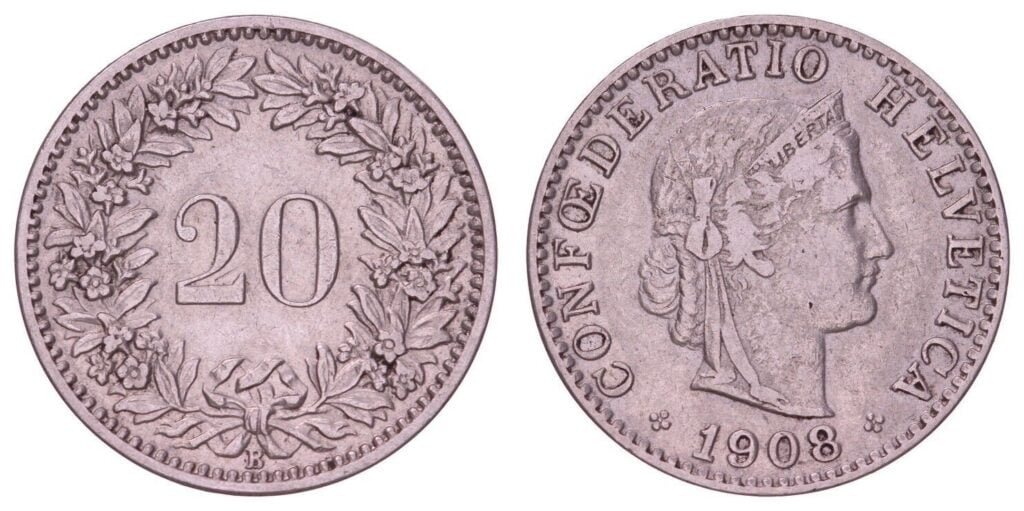 SWITZERLAND 20 rappen 1908 VF