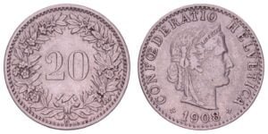 SWITZERLAND 20 rappen 1908 VF