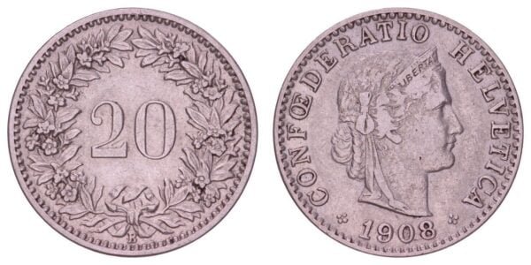 SWITZERLAND 20 rappen 1908 VF