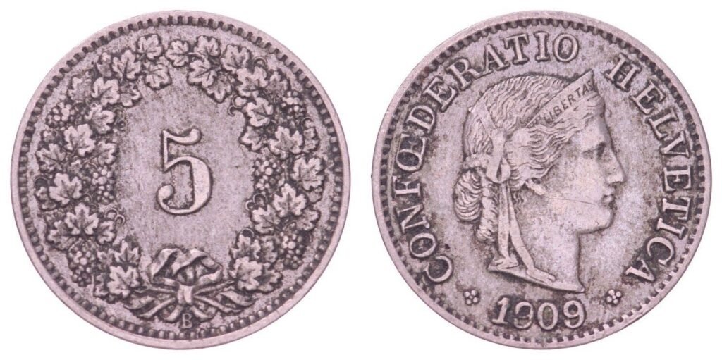 SWITZERLAND 5 rappen 1909 VF