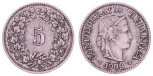 SWITZERLAND 5 rappen 1909 VF
