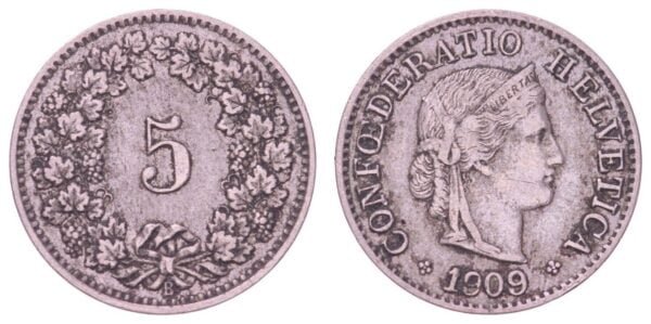 SWITZERLAND 5 rappen 1909 VF