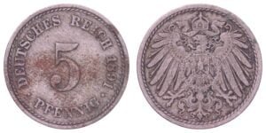 GERMANY Empire 5 pfennig 1891A VF-