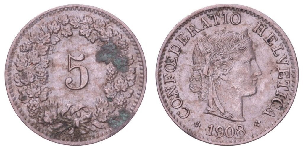 SWITZERLAND 5 rappen 1908 VF-