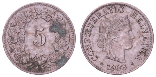 SWITZERLAND 5 rappen 1908 VF-