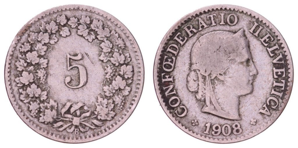 SWITZERLAND 5 rappen 1908B VF