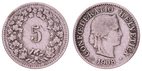 SWITZERLAND 5 rappen 1908B VF